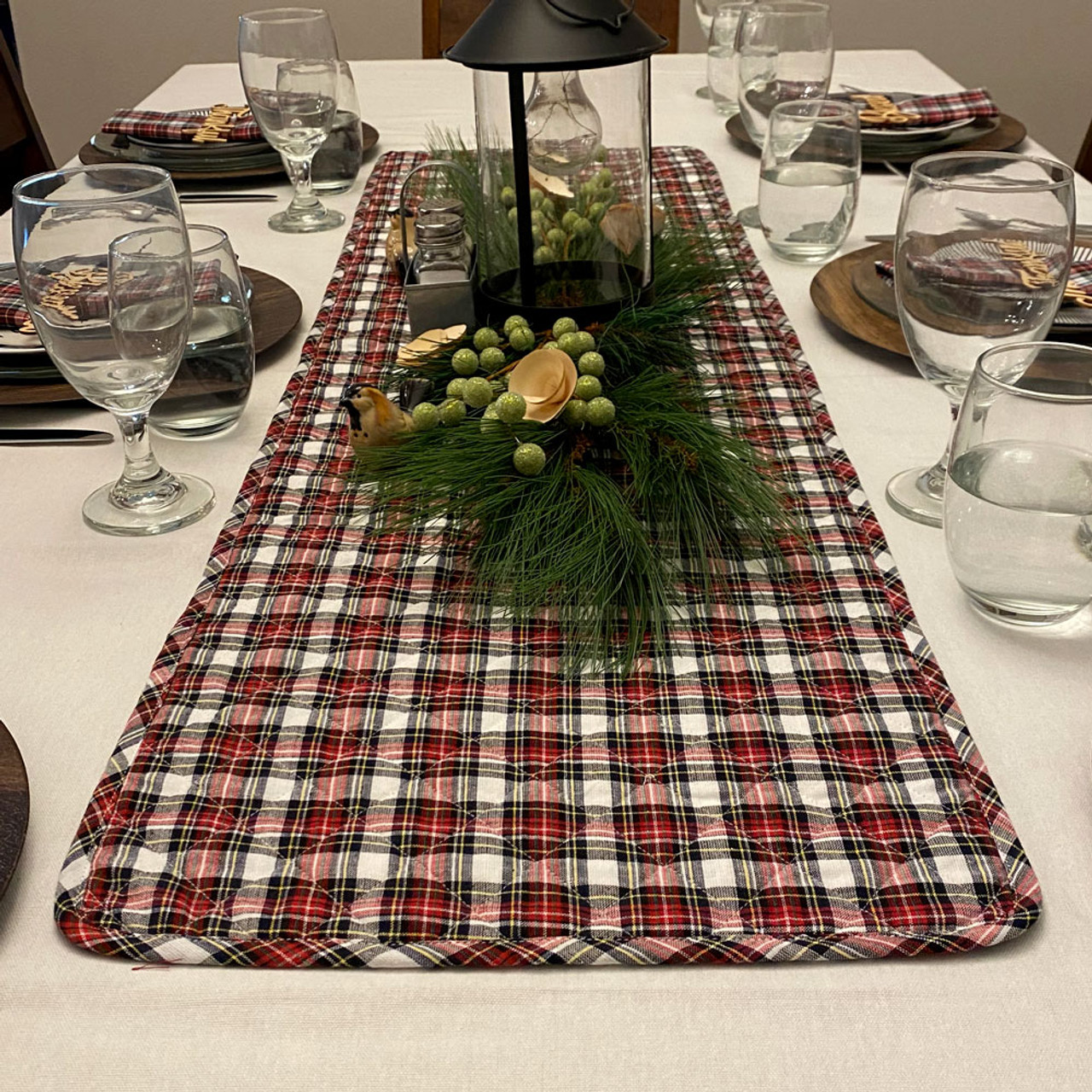 Highland Red Tartan Plaid Reversible Black White Ticking Stripe Quilted Christmas Table Runner; 14" x 48"