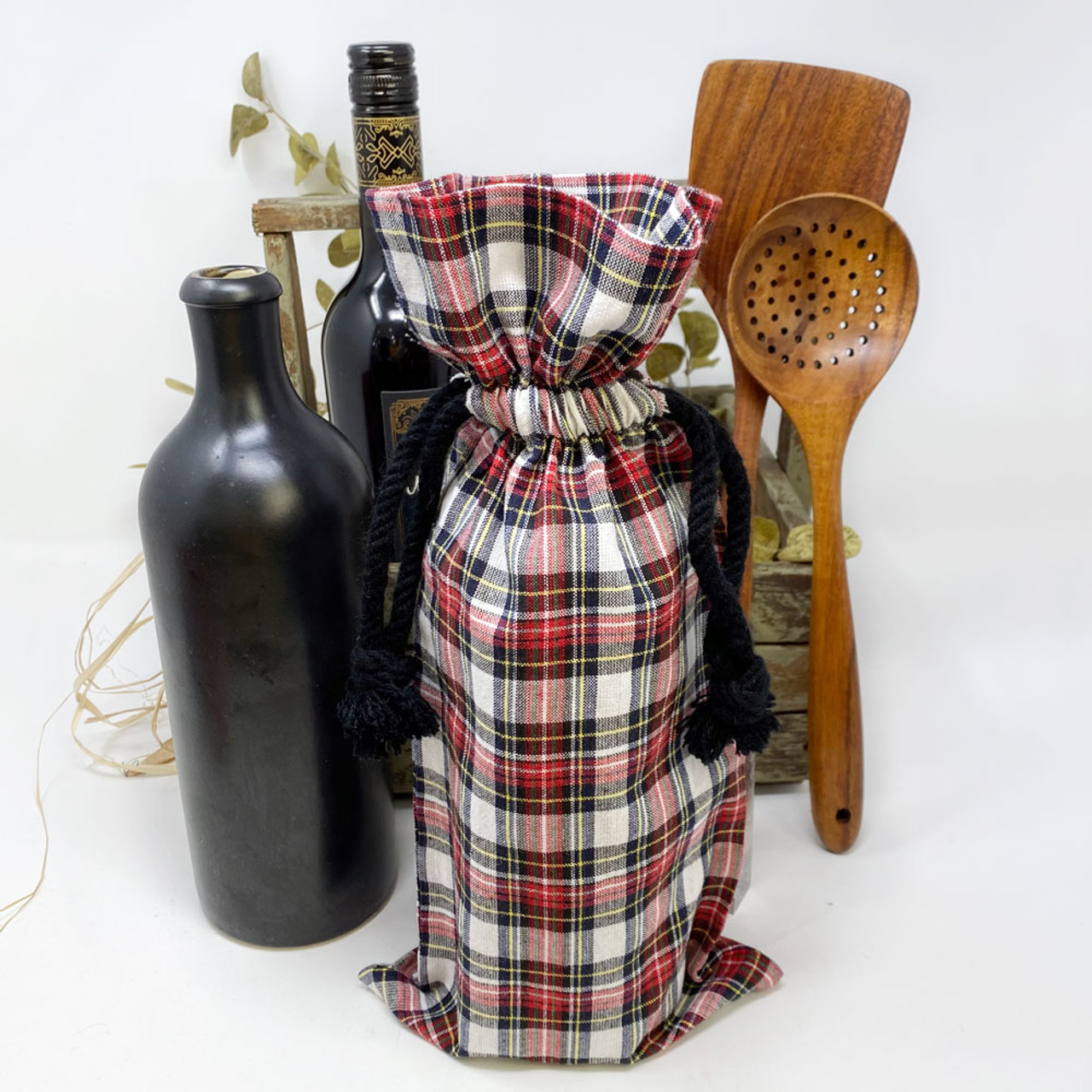 Highland Red Tartan Plaid Wine Gift Bags; 14" x 6.5" - Set of 4