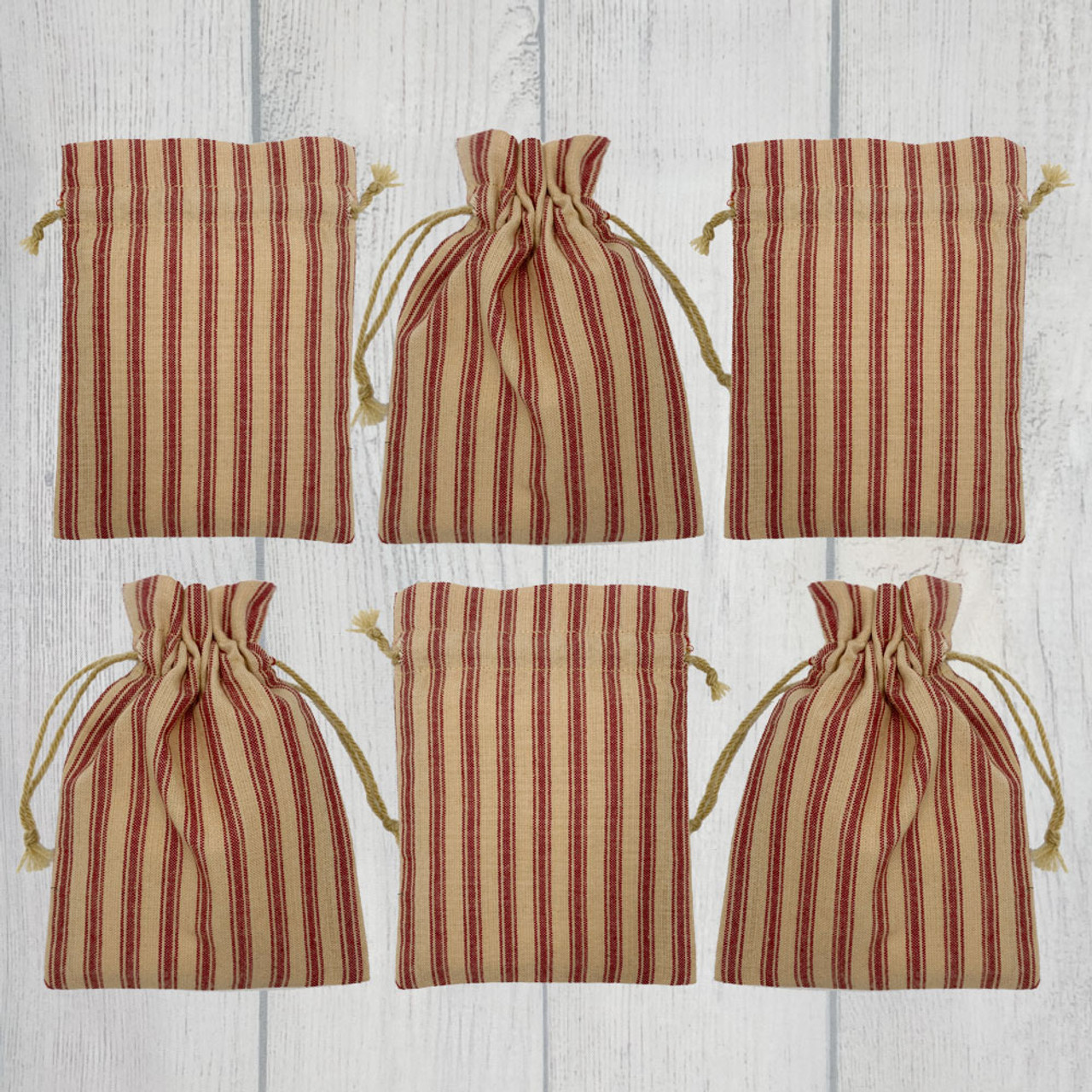 Primitive Red Ticking Stripe Small Gift Bags; 6" x 4.5" - Set of 6