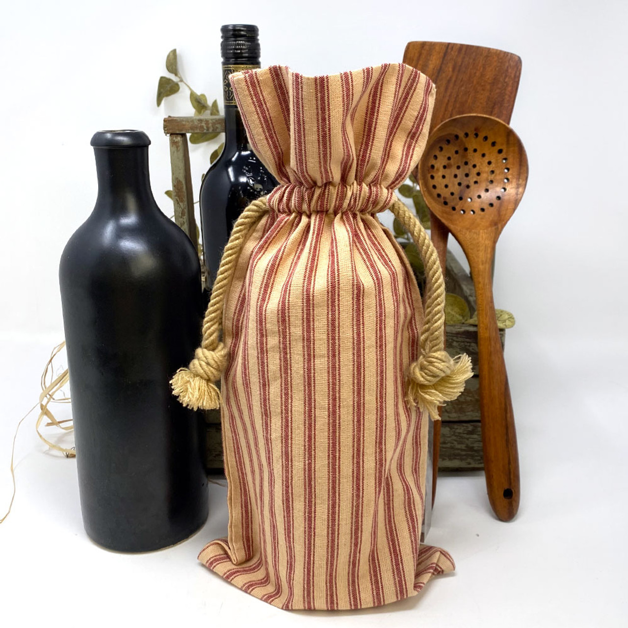 Primitive Red Ticking Stripe Wine Gift Bag: 14" x 6.5" - Set of 4