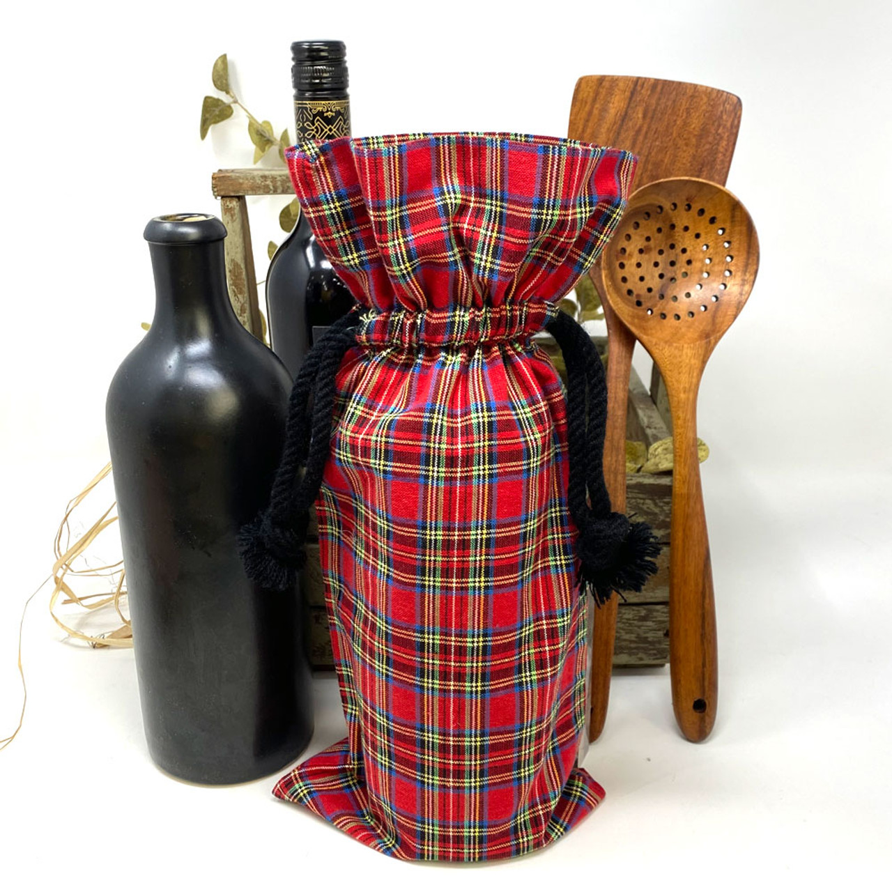 Scotty Red Tartan Plaid Wine Gift Bag: 14" x 6.5" - Set of 4