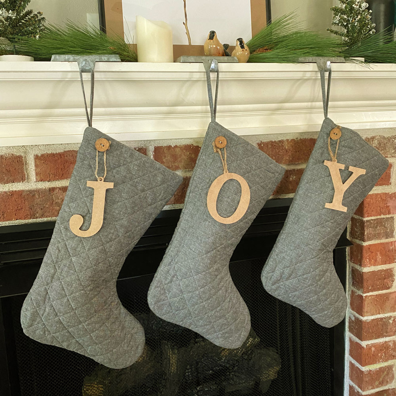 Gray Farmcloth Quilted Christmas Stocking with Personalized Letter Charm by Marilee Home