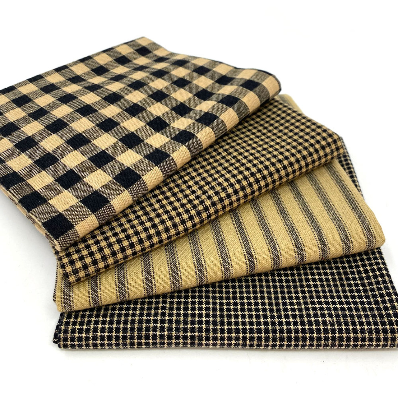 Primitive Black Assorted Plaid Gingham Cotton Fabric Bundle - Set of 4 Fat Quarters