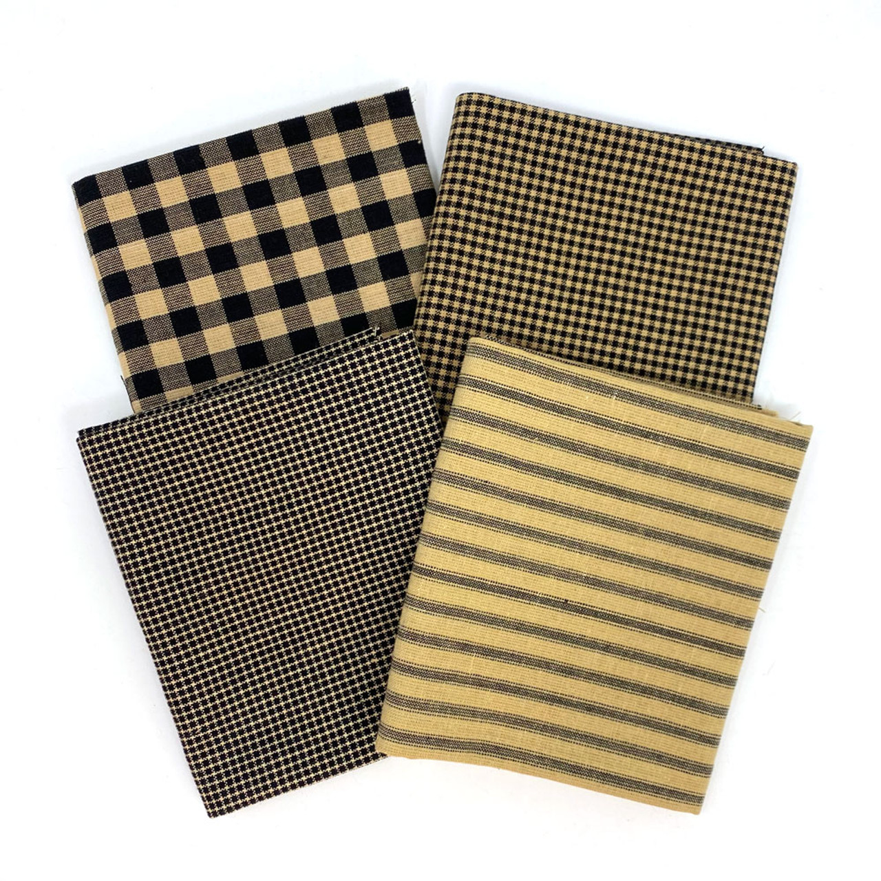Primitive Black Assorted Plaid Gingham Cotton Fabric Bundle - Set of 4 Fat Quarters