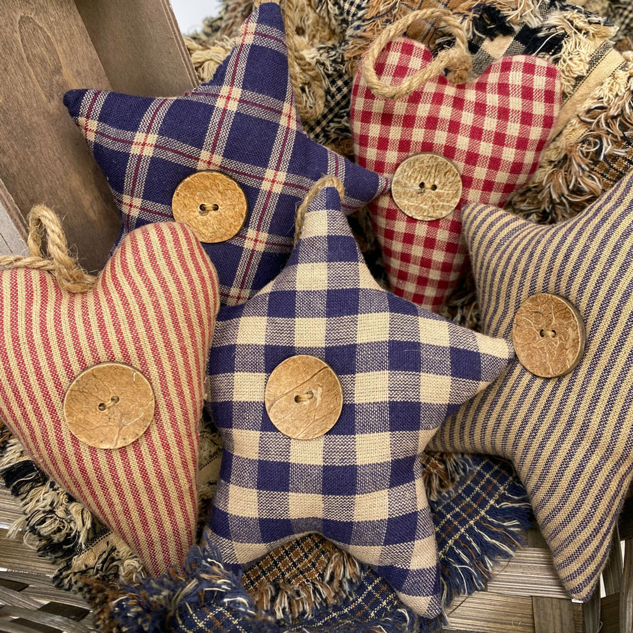 Americana Heart Star Homespun Fabric Christmas Ornaments - Set of 5 - by Marilee Home