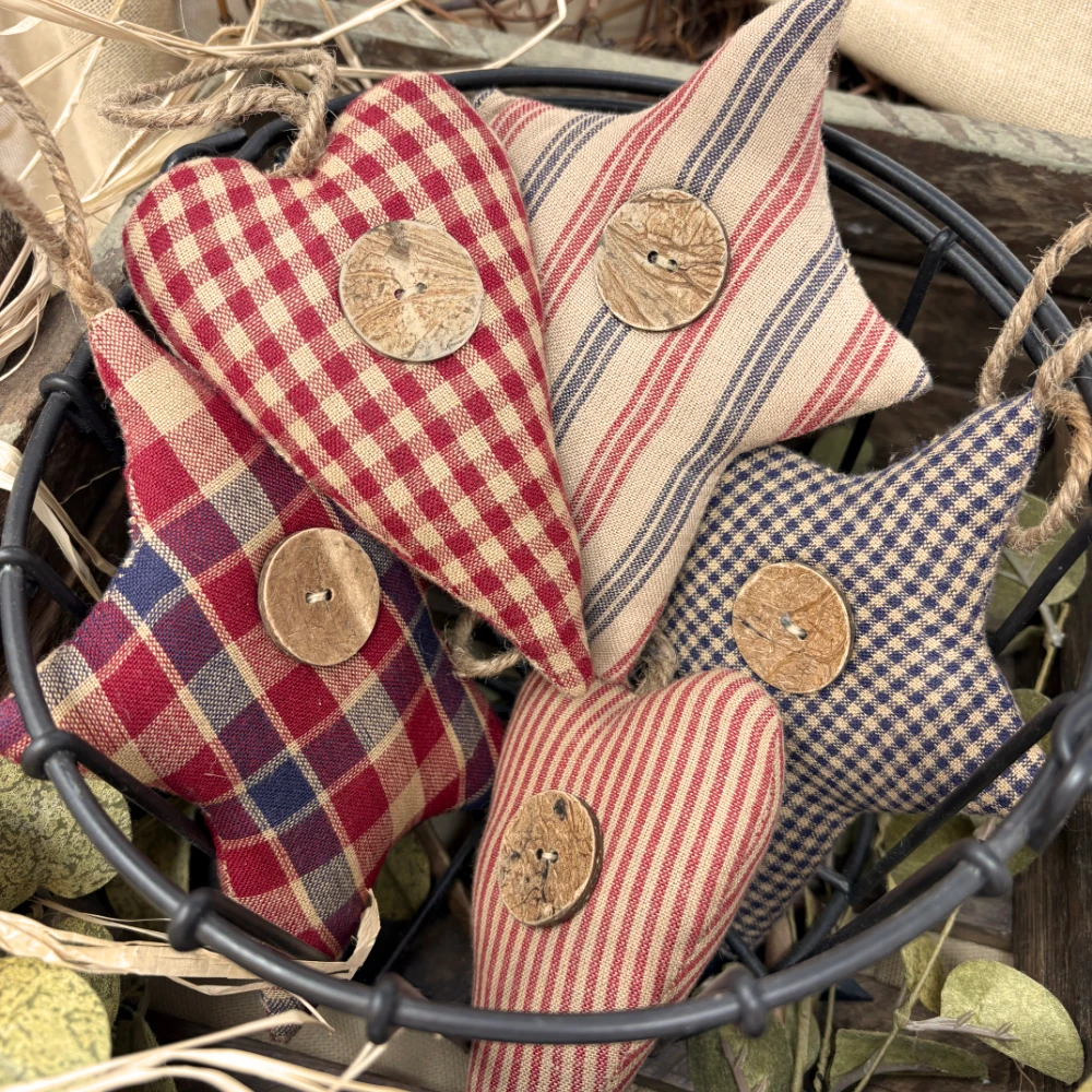 Americana Heart Star Homespun Fabric Christmas Ornaments Valentine Decor - Set of 5 - by Marilee Home