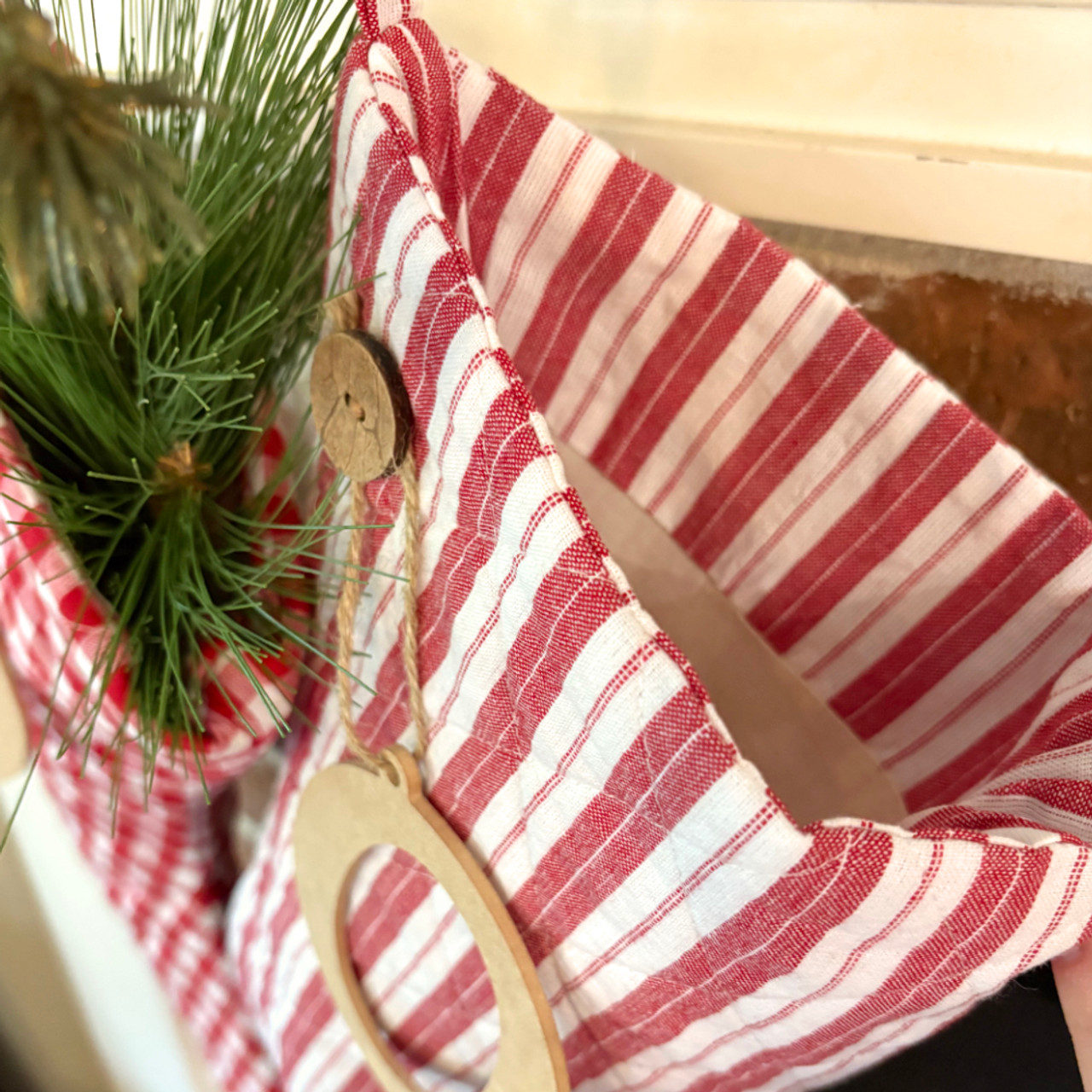 Red & White Ticking Stripe Quilted Stocking with Personalized Charm by Marilee Home