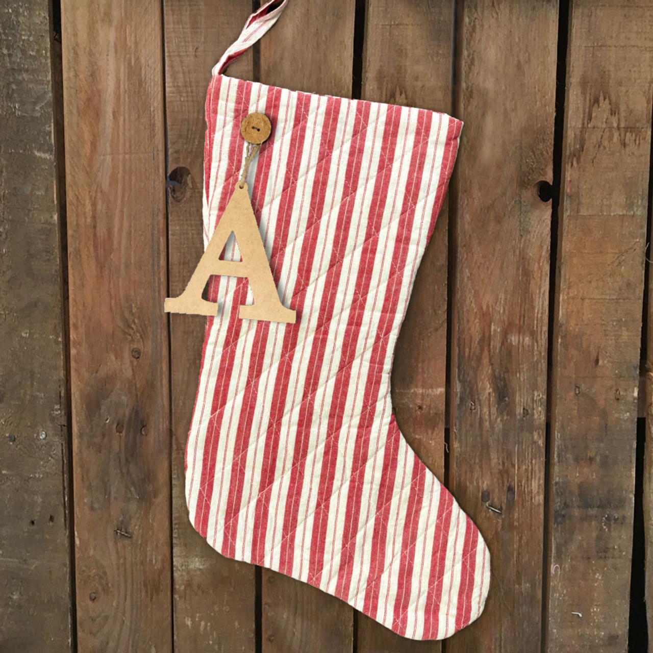 Red & White Ticking Stripe Quilted Stocking with Personalized Charm by Marilee Home