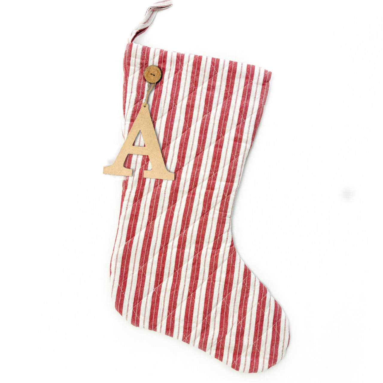 Red & White Ticking Stripe Quilted Stocking with Personalized Charm by Marilee Home