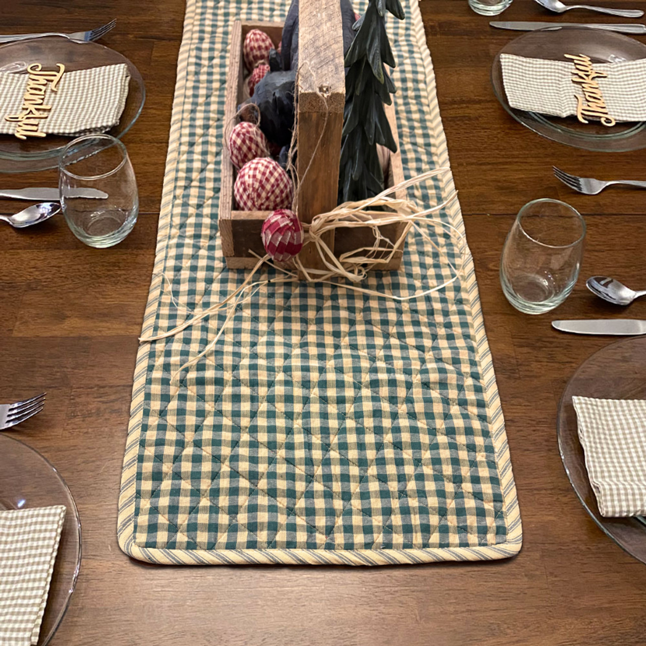 Primitive Green Ticking Stripe Quilted Homespun Christmas Table Runner; 14" x 48"