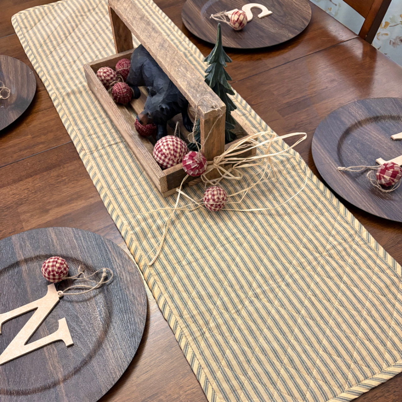 Primitive Green Ticking Stripe Quilted Homespun Christmas Table Runner; 14" x 48"