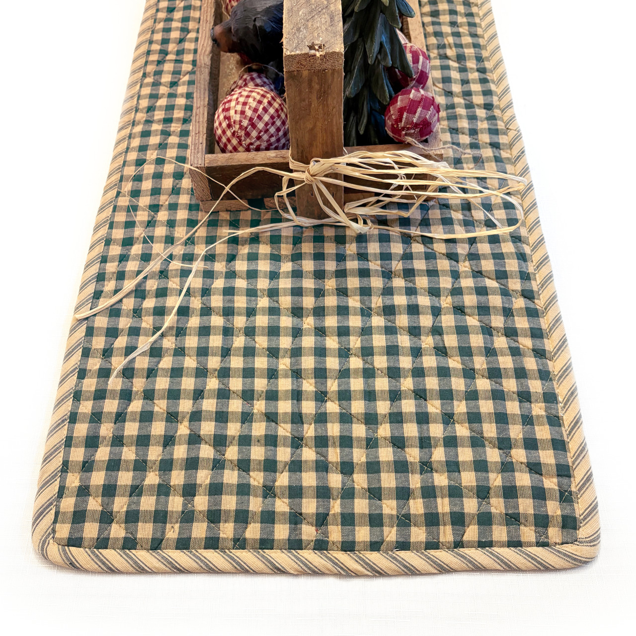 Primitive Green Ticking Stripe Quilted Homespun Christmas Table Runner; 14" x 48"