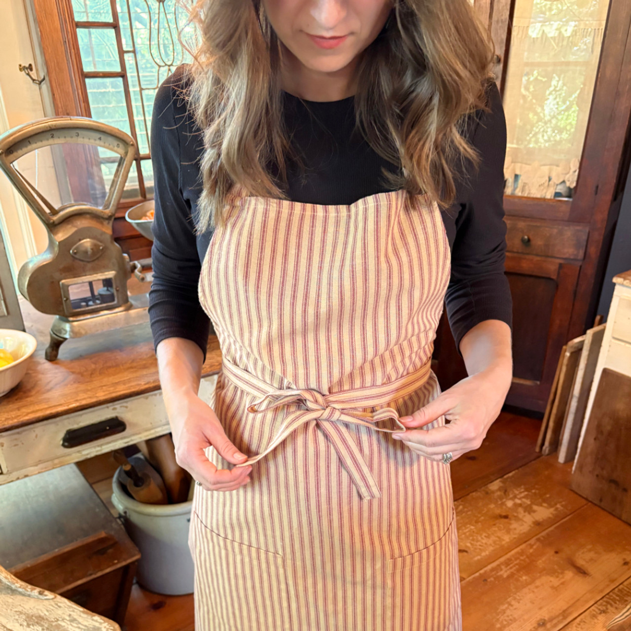 Primitive Red Ticking Stripe Hostess Apron with Gift Bag