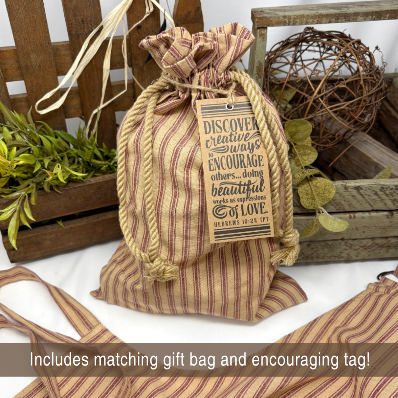 Primitive Red Ticking Stripe Hostess Apron with Gift Bag