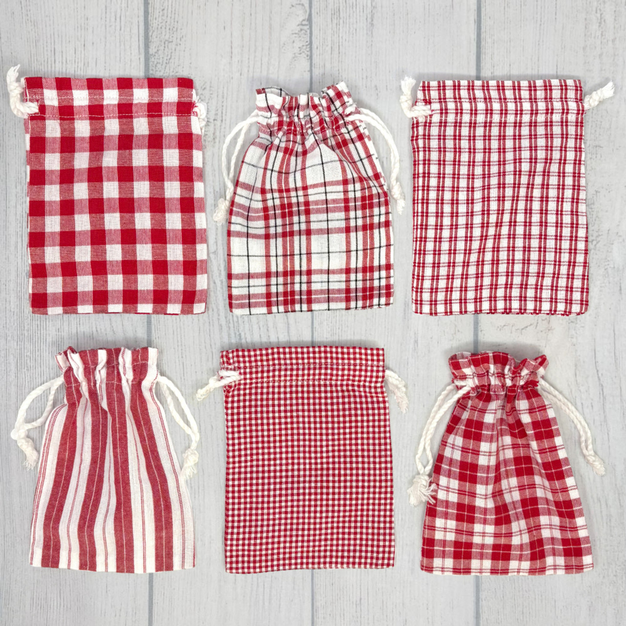 Perfect Red Plaid Homespun Fabric Small Gift Bag; 6" x 4.5" - Set of 6