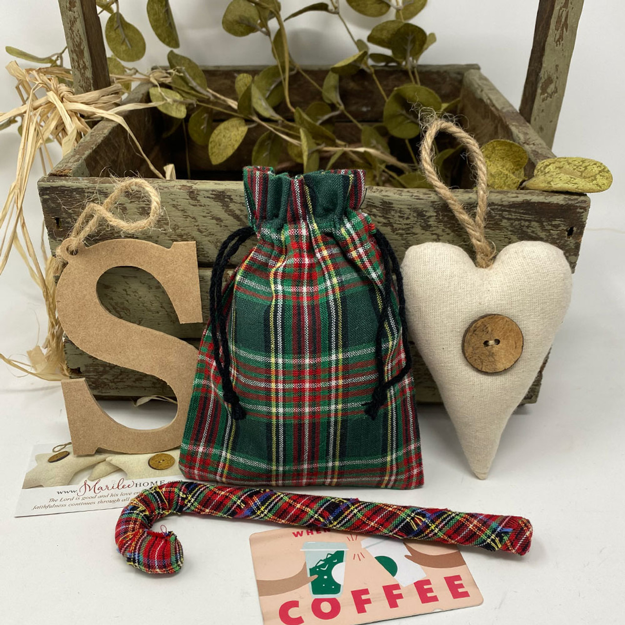 McCuan Green and Scotty Red Tartan Plaid Homespun Fabric Small Gift Bag; 6" x 4.5" - Set of 6