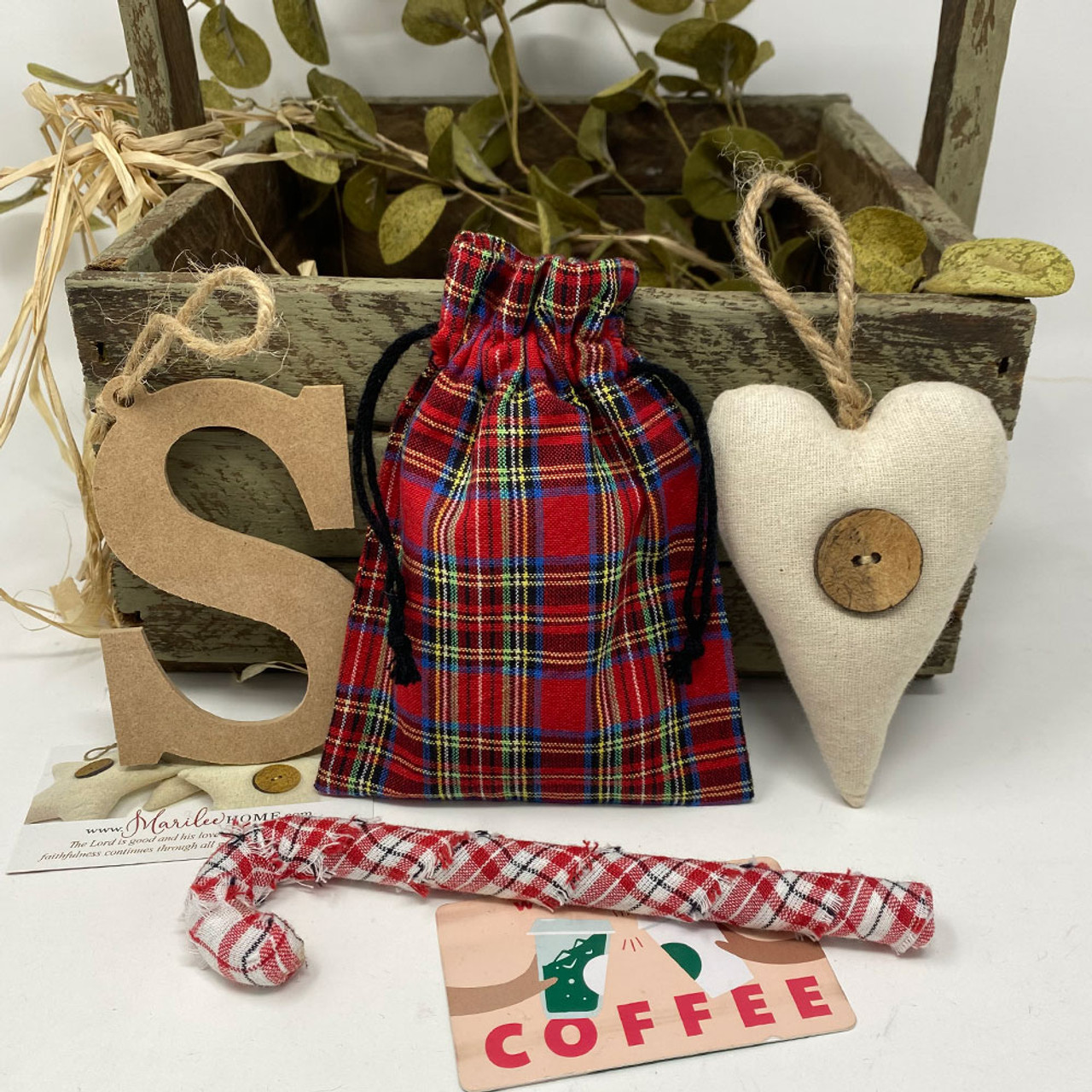 McCuan Green and Scotty Red Tartan Plaid Homespun Fabric Small Gift Bag; 6" x 4.5" - Set of 6