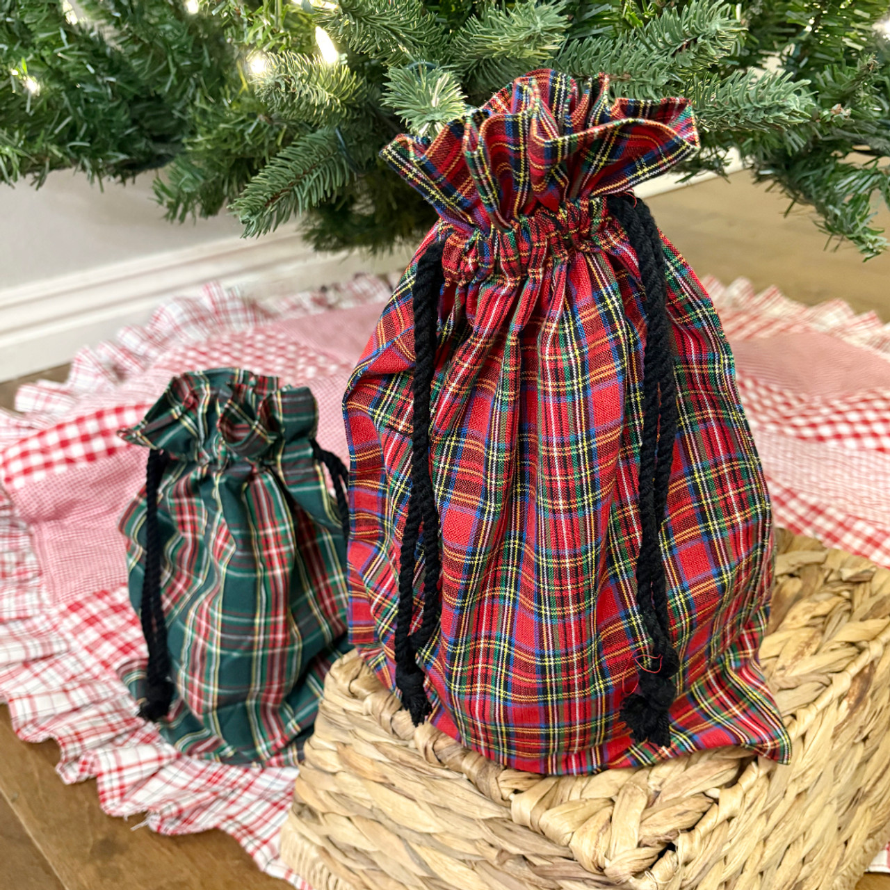 McCuan Green and Scotty Red Tartan Large Plaid Homespun Fabric Gift Bag; 15" x 10" - Set of 4