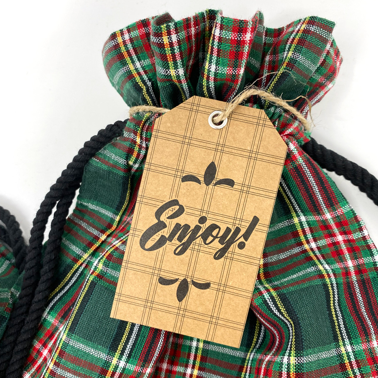 McCuan Green and Scotty Red Tartan Large Plaid Homespun Fabric Gift Bag; 15" x 10" - Set of 4