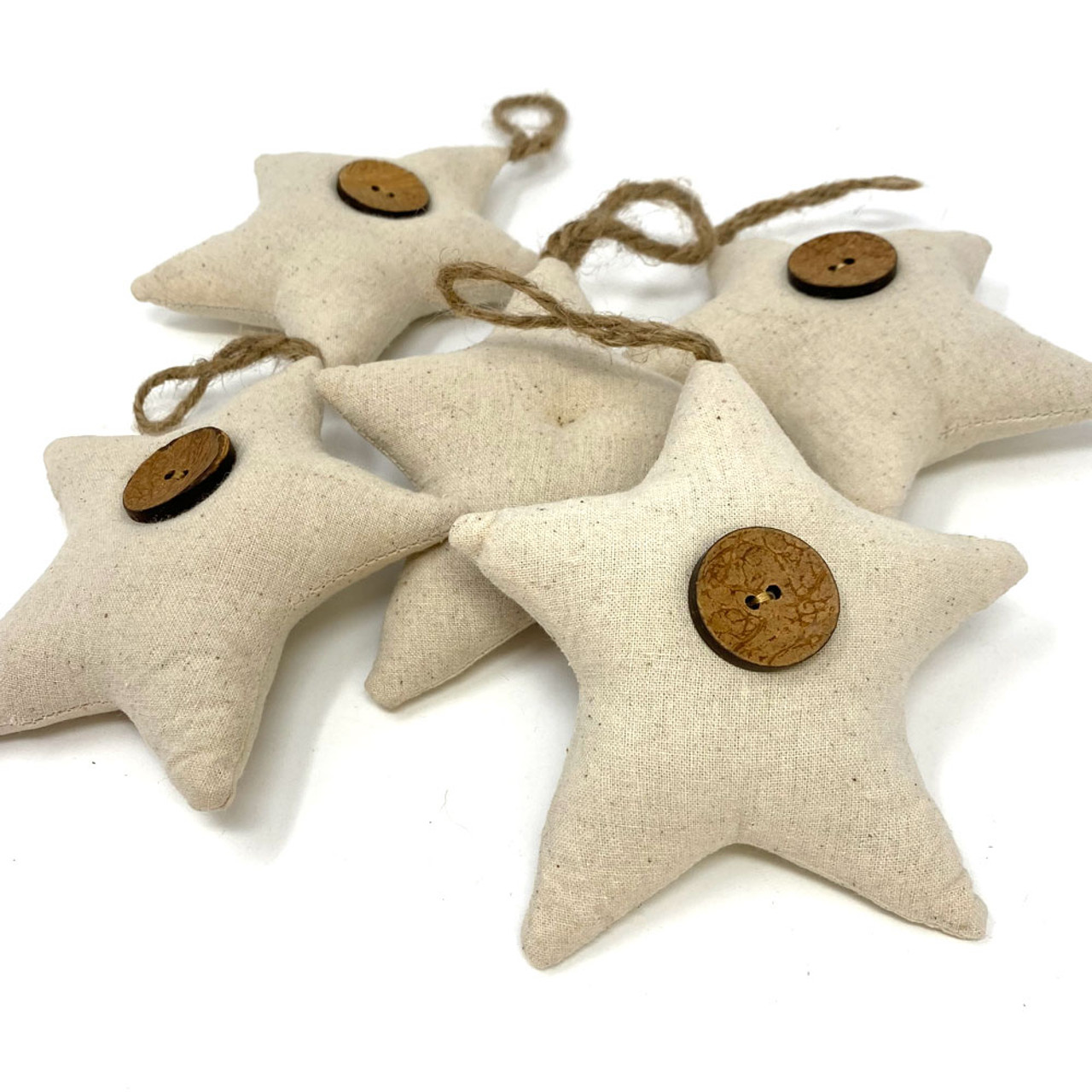 Natural White Fabric Rustic Star Christmas Ornaments - Set of 5