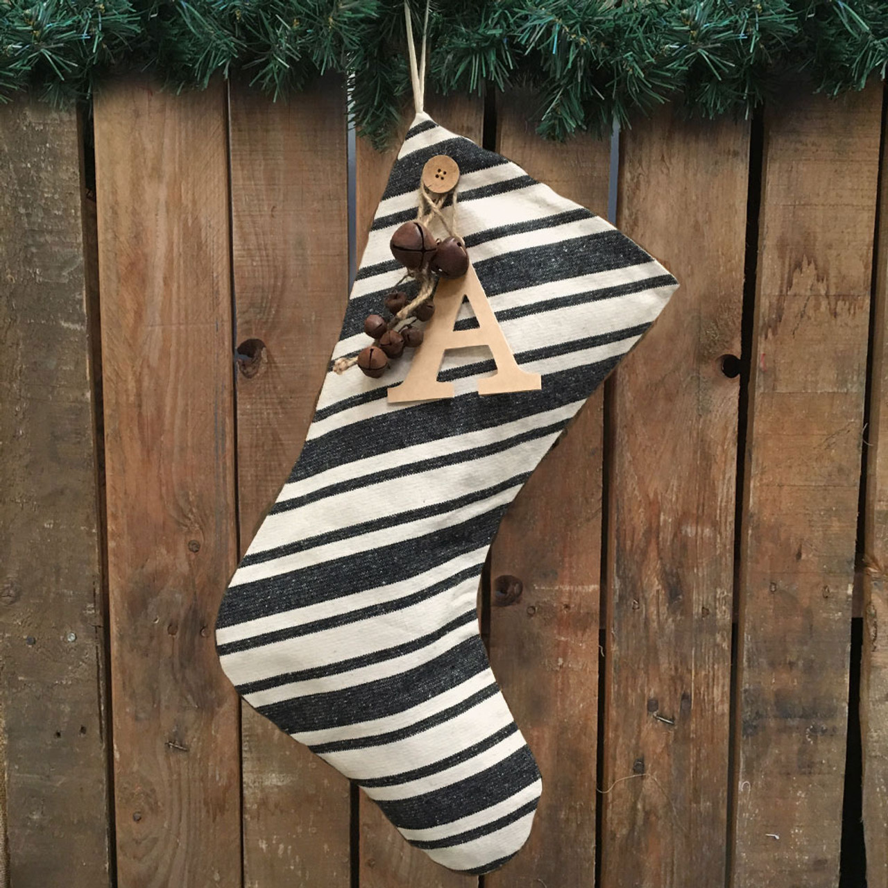 Dark Gray Stripe Christmas Stocking With Personalized Letter Charm and Rusty Bells by Marilee Home