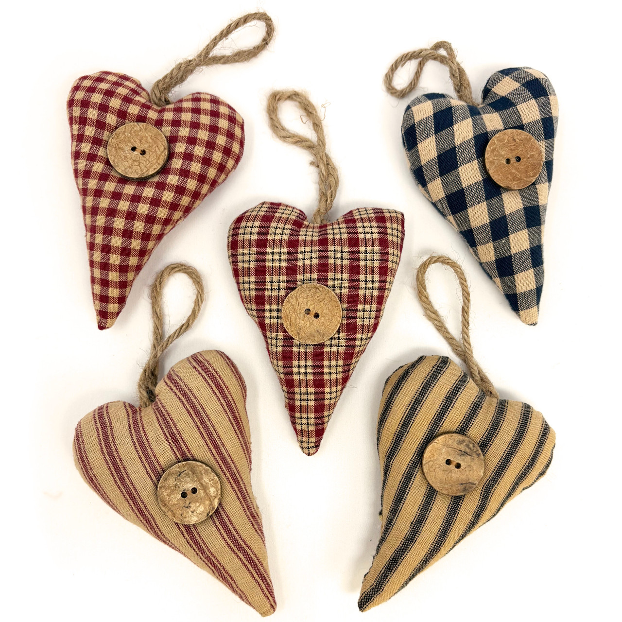 Primitive Homespun Plaid Striped Fabric Rustic Heart Christmas Ornaments - Set of 5 - by Marilee Home
