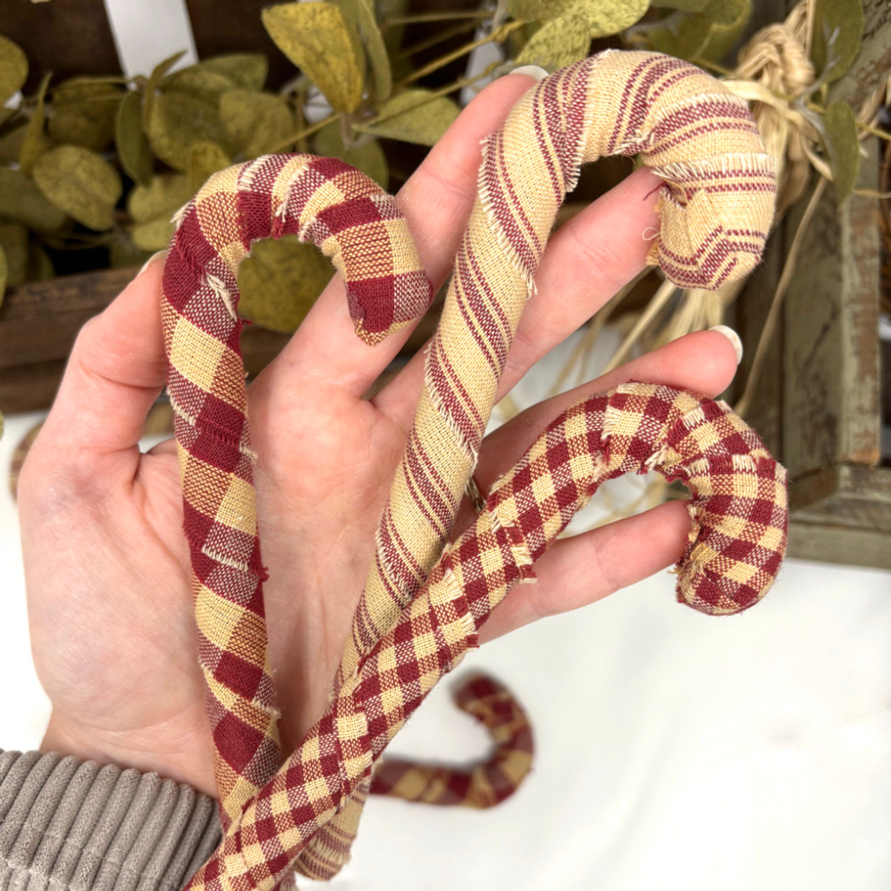 Primitive Red Homespun Fabric Candy Cane Ornaments - Set of 6 -  by Marilee Home Primitive Red Homespun Fabric Candy Cane Ornaments - Set of 6 -  by Marilee Home