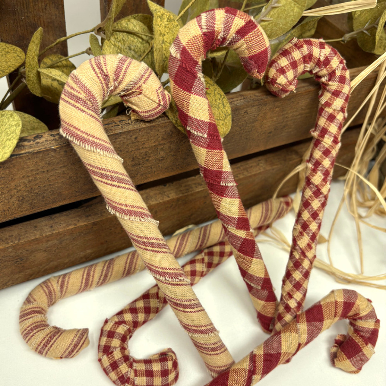 Primitive Red Homespun Fabric Candy Cane Ornaments - Set of 6 -  by Marilee Home Primitive Red Homespun Fabric Candy Cane Ornaments - Set of 6 -  by Marilee Home