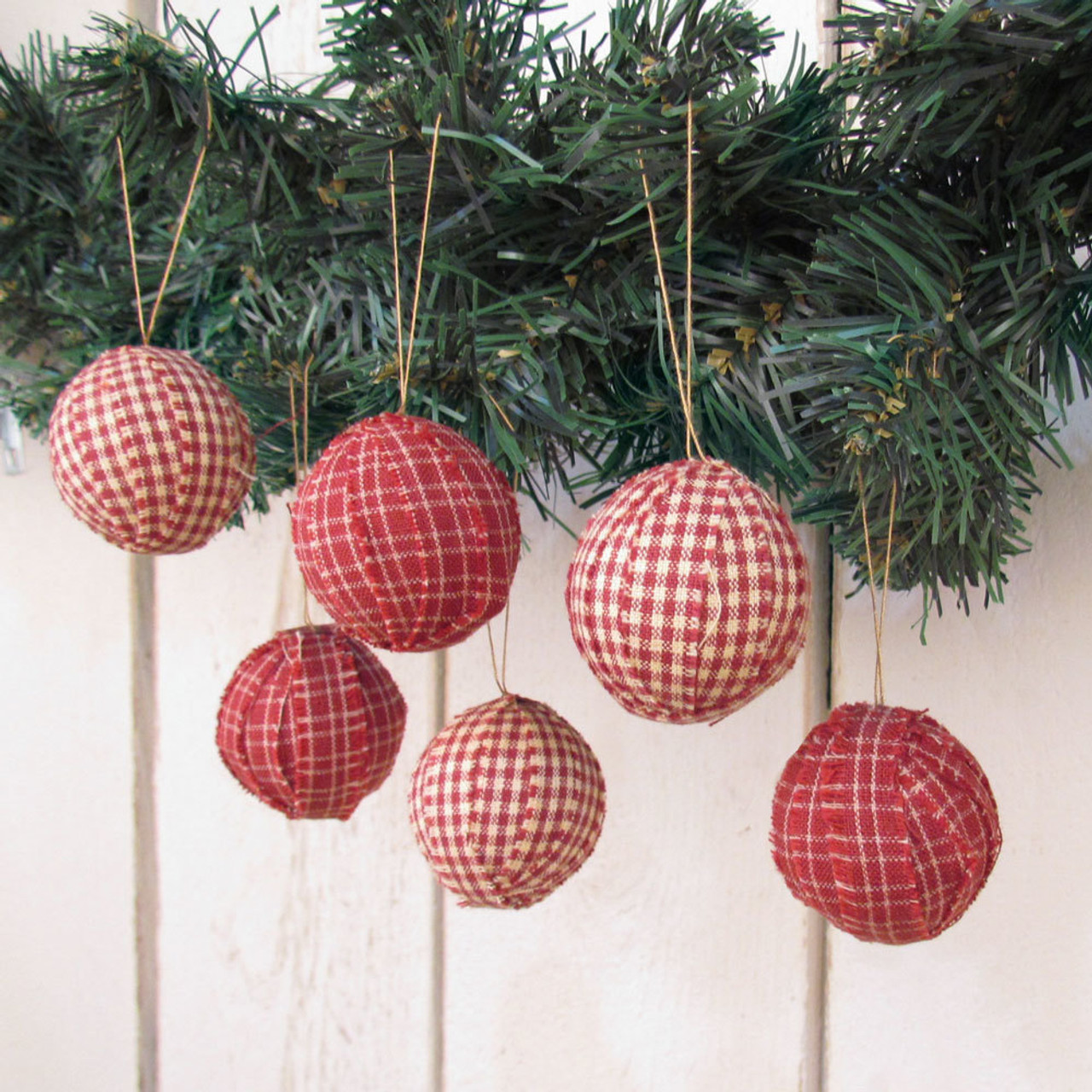 Primitive Red Plaid Homespun Christmas Ball Ornaments Set of 12 by Marilee Home