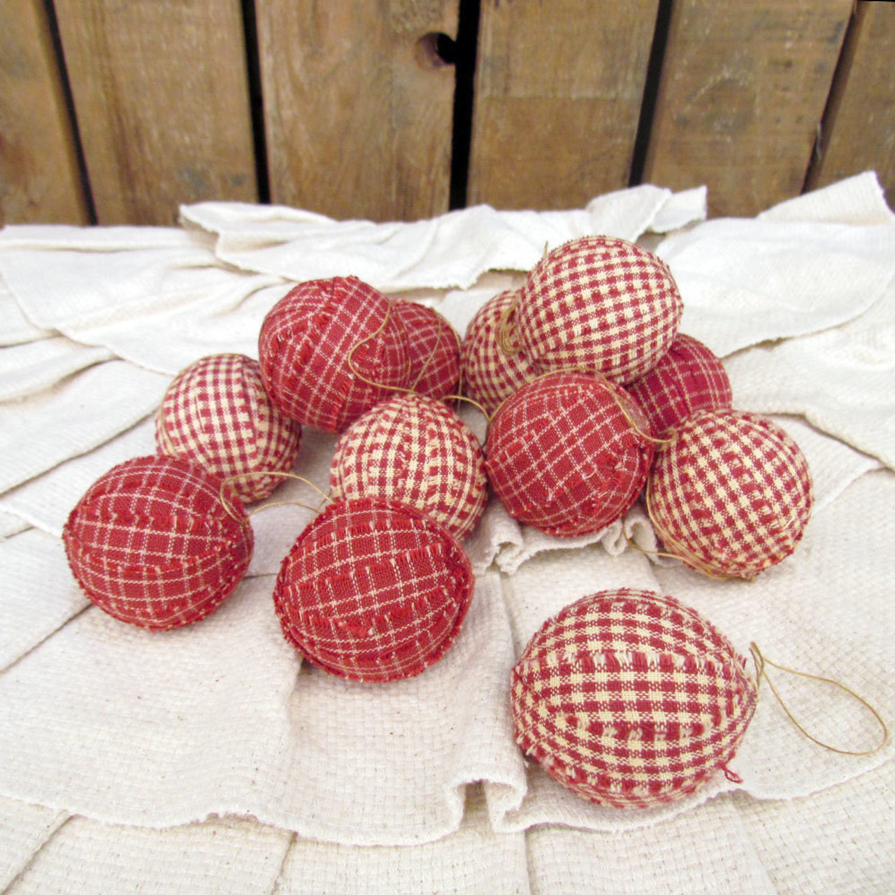 Primitive Red Plaid Homespun Christmas Ball Ornaments Set of 12 by Marilee Home