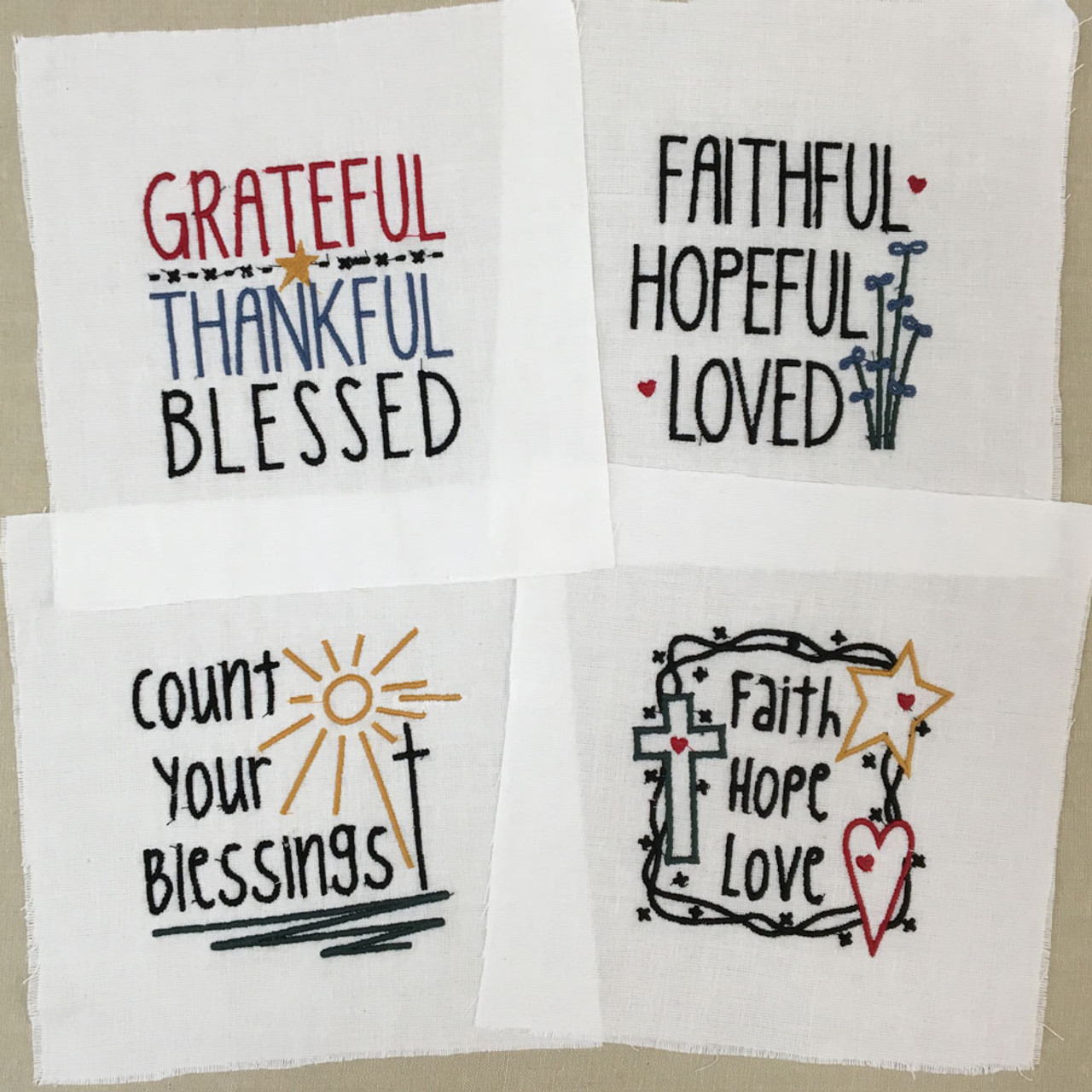 Set of 4 Embroidered Faith Designs - White
