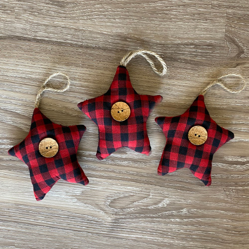 Red & Black Mini Buffalo Plaid Homespun Fabric Star Christmas Ornaments - Set of 3 - by Marilee Home