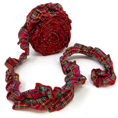 Red Tartan Ruffled Fabric Trim Garland -12 feet