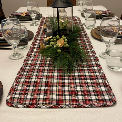 Highland Red Tartan Plaid Reversible Black White Ticking Stripe Quilted Christmas Table Runner; 14" x 48"