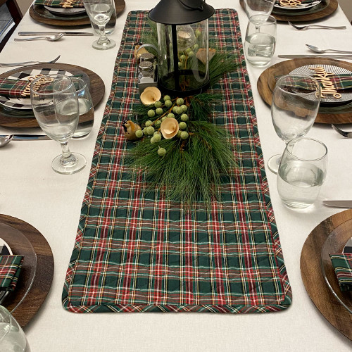 McCuan Green Tartan Reversible Scotty Red Tartan Plaid Quilted Christmas Table Runner; 14" x 48" McCuan Green Tartan Reversible Scotty Red Tartan Plaid Quilted Christmas Table Runner; 14" x 48"