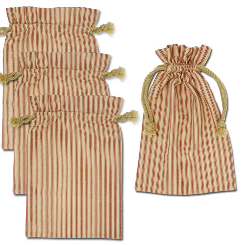 Primitive Red Ticking Stripe Large Gift Bag: 15" x 10" - Set of 4