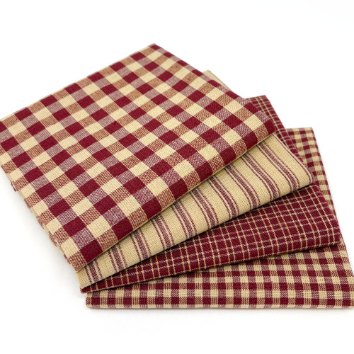 Primitive Red Assorted Plaid Gingham Cotton Fabric Bundle - Set of 4 Fat Quarters