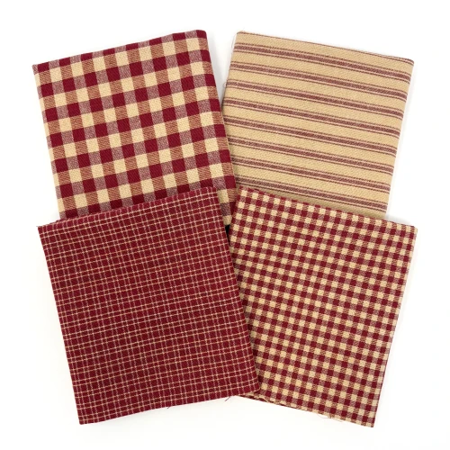 Primitive Red Assorted Plaid Gingham Cotton Fabric Bundle - Set of 4 Fat Quarters