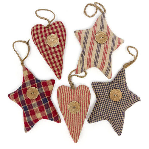 Americana Heart Star Homespun Fabric Christmas Ornaments Valentine Decor - Set of 5 - by Marilee Home