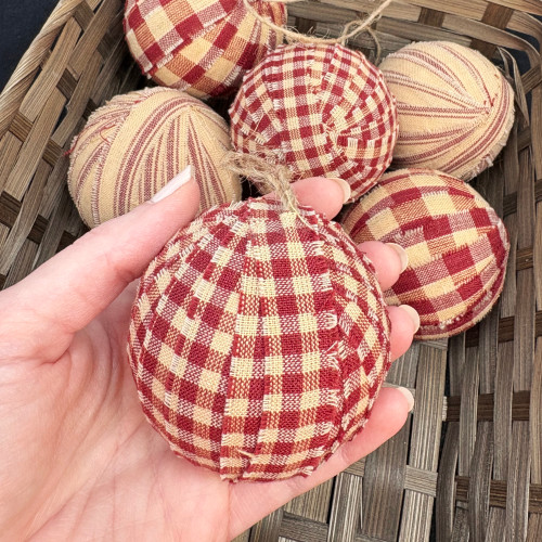 Primitive Red Plaid Homespun Fabric 2.5 inch Christmas Ball Ornaments - Set of 6 - by Marilee Home