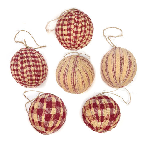 Primitive Red Plaid Homespun Fabric 2.5 inch Christmas Ball Ornaments - Set of 6 - by Marilee Home