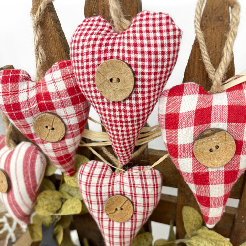 Perfect Red Hearts Homespun Plaid Striped Fabric Christmas Ornaments - Set of 5 - by Marilee Home