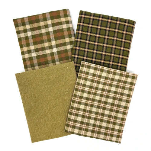Antique Green Assorted Plaid Gingham Cotton Fabric Bundle - Set of 4 Fat Quarters