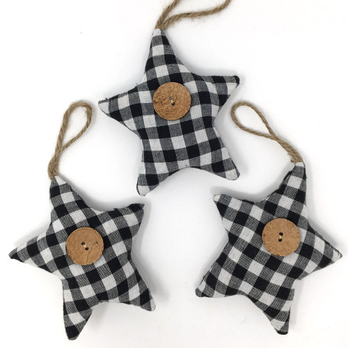 Black & White Mini Buffalo Plaid Homespun Fabric Star Christmas Ornaments - Set of 3 - by Marilee Home Black & White Mini Buffalo Plaid Homespun Fabric Star Christmas Ornaments - Set of 3 - by Marilee Home