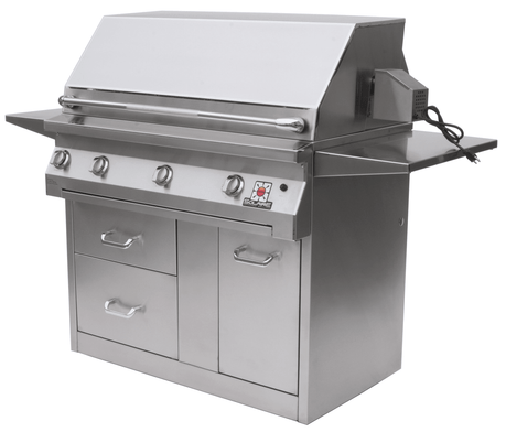 Solaire 42 Inch Grill, Premium Cart, Front View, Hood Down, Rotisserie, Shelves Up, AGBQ