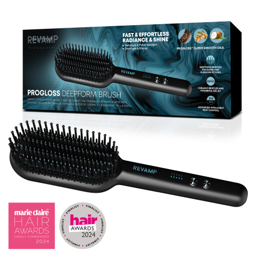 Progloss Deepform Ceramic Straightening Hot Brush - Product Image with Hair Award Packaging - Revamp Professional