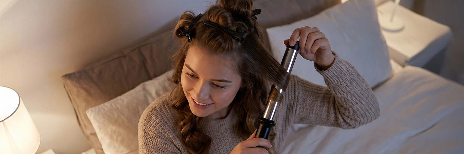 Young woman curls her hair