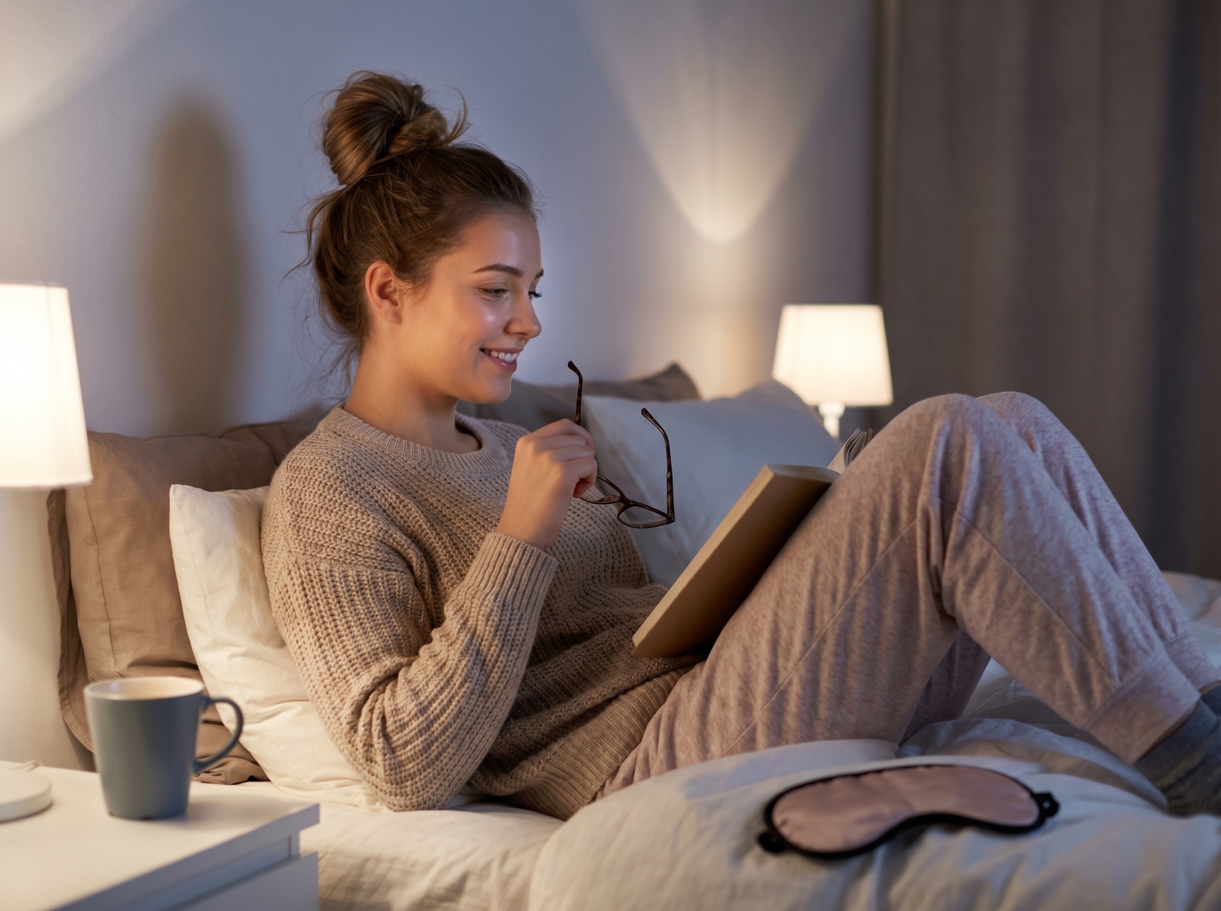 A young woman sitting up in bed at night with her hair in a high bun