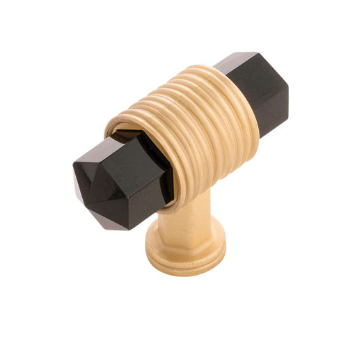 BELWITH KEELER Chrysalis 1-7/8" Long Black Glass T-Knob in Brushed Golden Brass