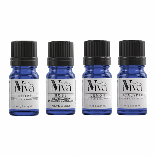 Smell Training Kit — set of four 5 mL essential oil bottles in clear glass with black caps, including clove, eucalyptus, lemon, and rose oils.

